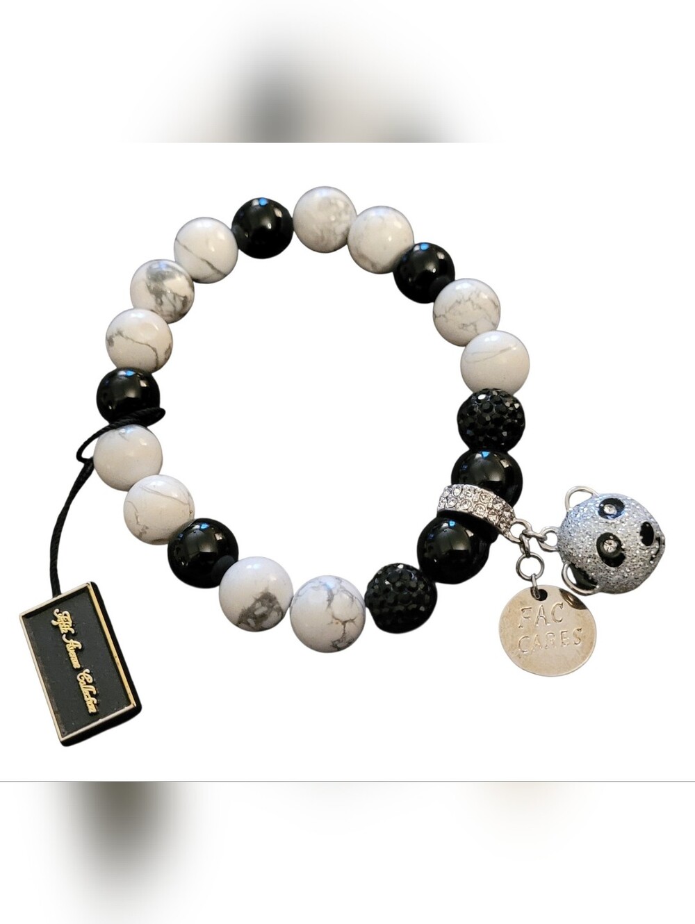 Black & White Quartz Beaded Charm Bracelet with Crystal Accents